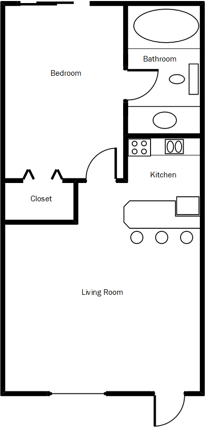 Floor plan for 1 bed, 1 bath, 501 sqft